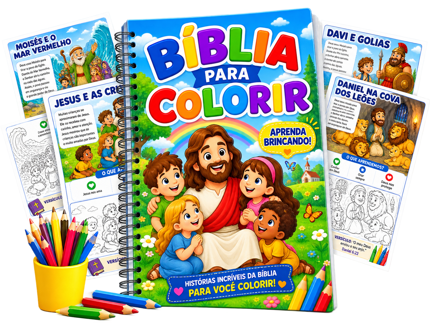 Mockup do caderno Bíblia para Colorir com páginas de Moisés e o Mar Vermelho, Jesus e as Crianças, Davi e Golias e Daniel na Cova dos Leões